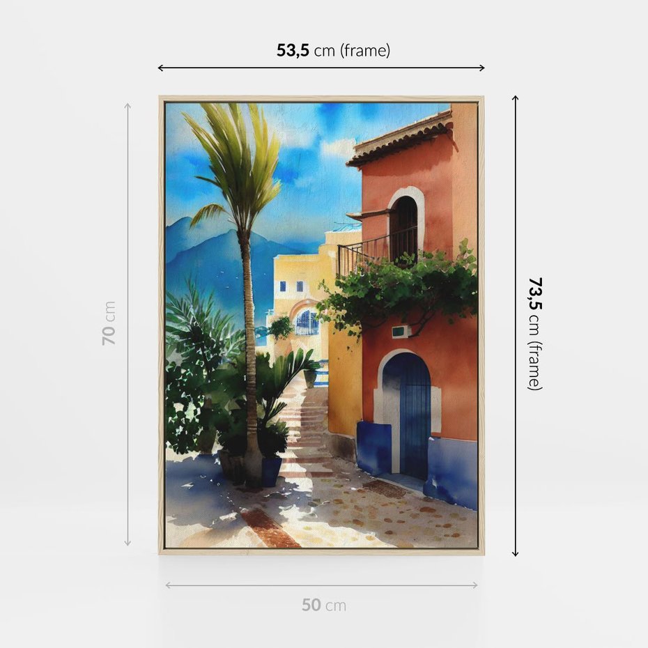 Obraz w ramie 50x70 - Spokój Miasta nad Morzem - akwarela, sródziemnomorski klimat - rama drewno