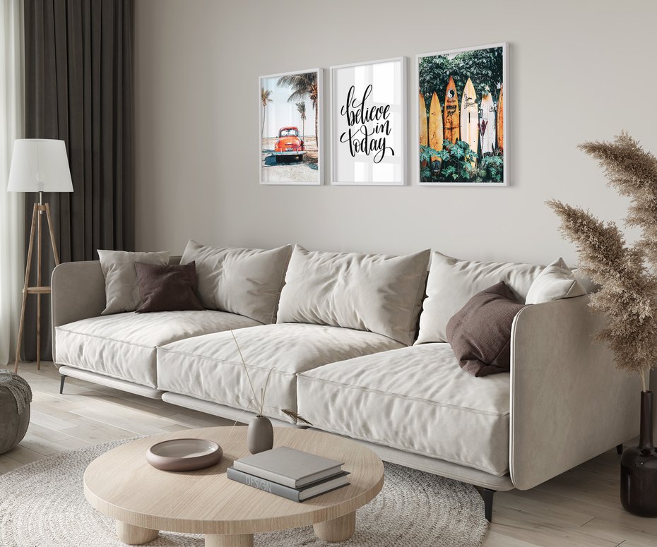 Zestaw obrazy w ramie 50x70 galeria - Pozytywny, cytat, lato, palmy - rama biała