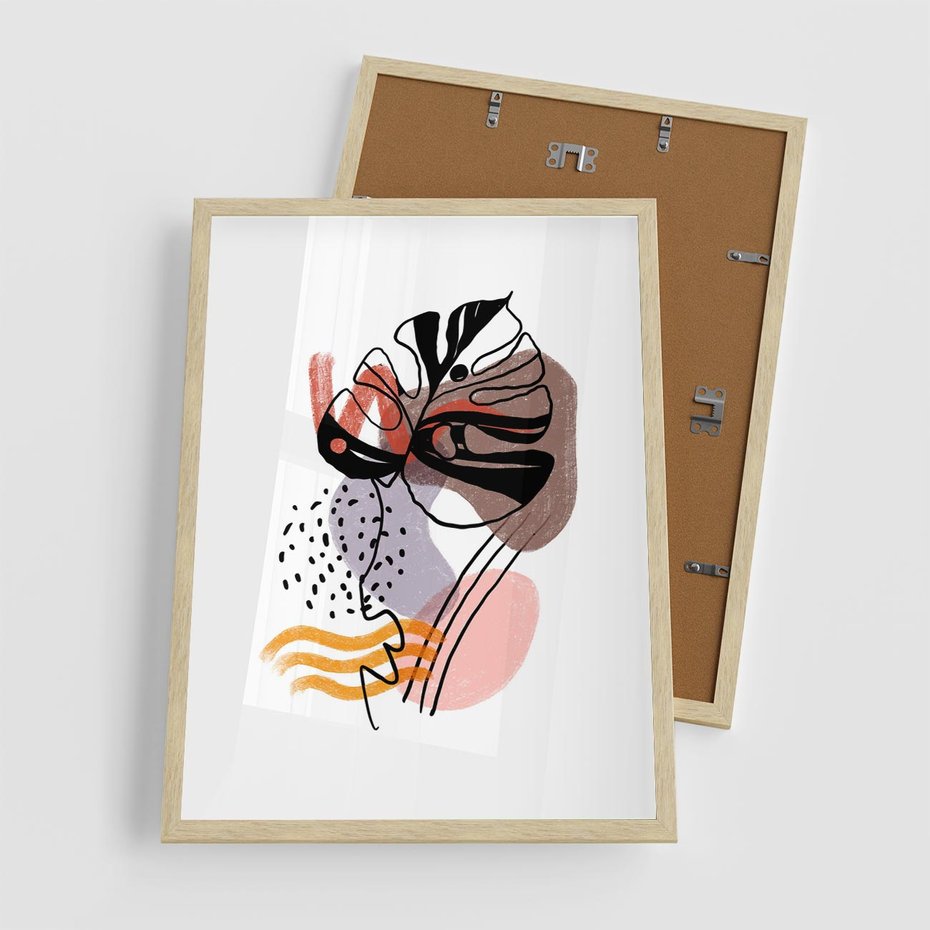 Plakat w ramie 50x70 - Wibracje Abstrakcyjnych Form - abstrakcyjna sztuka, liść monstery - rama drewno