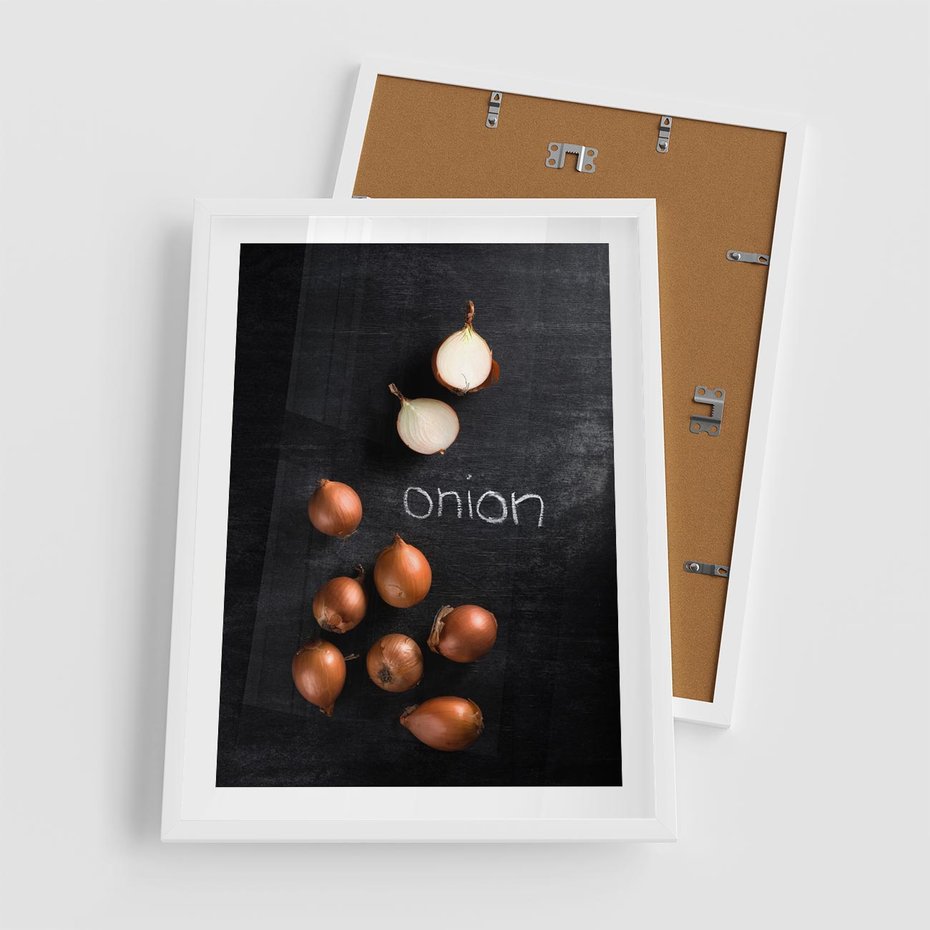 Plakat w ramie 50x70 - Aromatyczne Inspiracje - cebula, kuchnia - rama biała