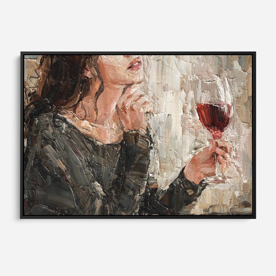 Obraz w ramie 70x50 - Esencja - kobieta wino obraz impresonizm olej na płótnie - rama czarna