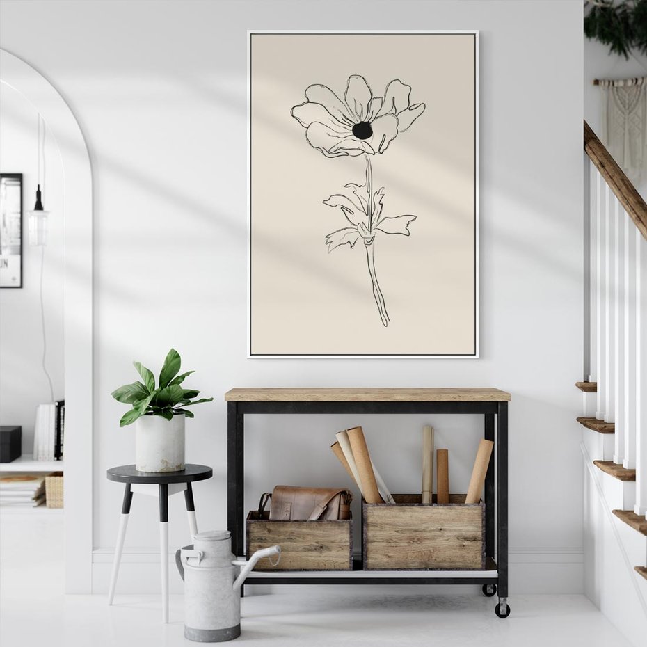 Obraz w ramie 80x120 - Przenikający Dialog - szkic kwiatu, mnimalistyczny szkic - rama biała