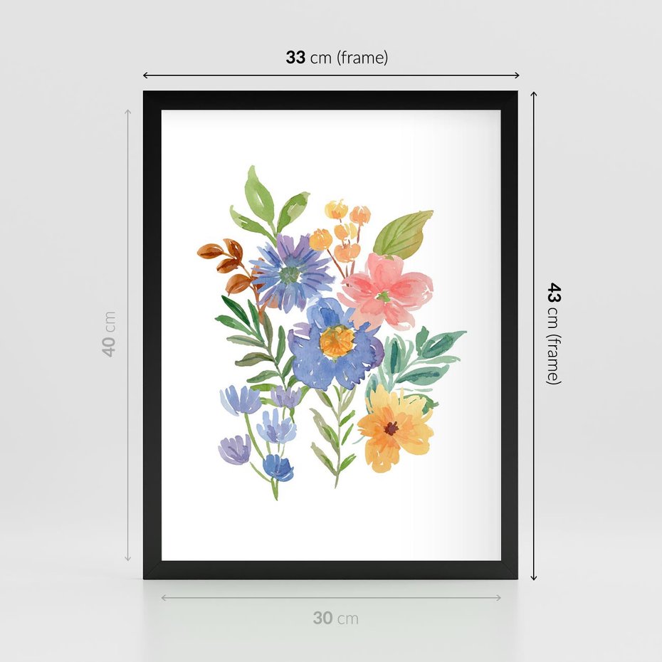 Plakat w ramie 30x40 - Kwiatowe Opowieści - akwarelowe polne kwiaty, minimalistyczna sztuka - rama czarna