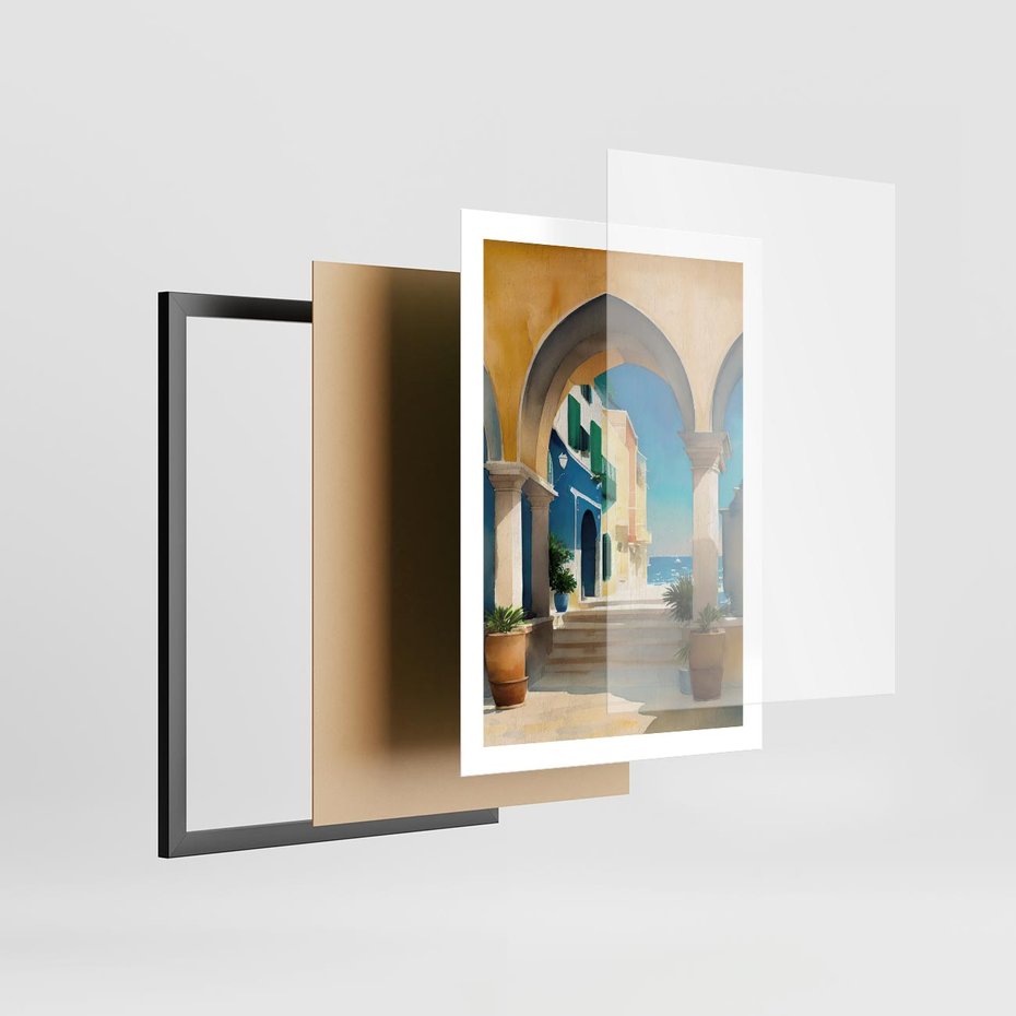 Plakat w ramie 50x70 - Nadmorskie Łuki - akwarela, śródziemnomorski klimat - rama czarna