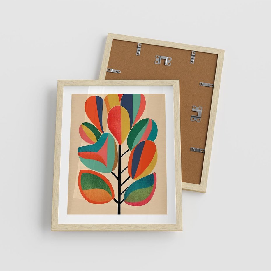 Plakat w ramie 40x50 - Wnętrza Kształtów - abstrakcyjny kolorowy tęczowy obraz, inspiracje roślinne - rama drewno