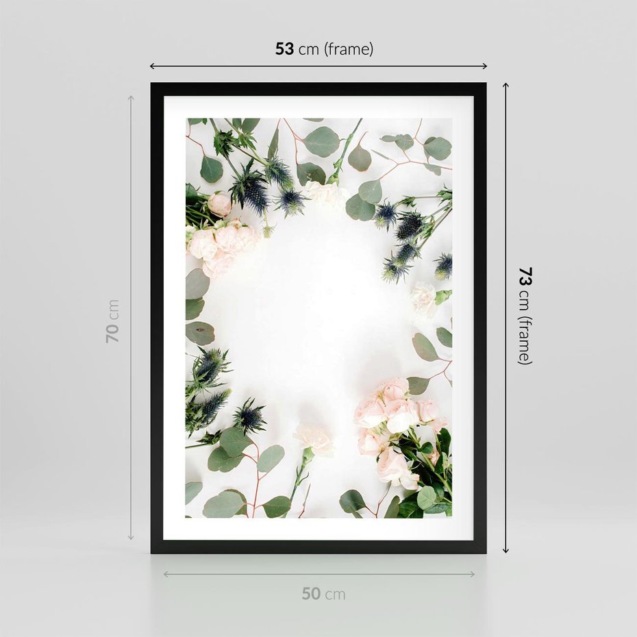 Plakat w ramie 50x70 - Róże i Zielone Liście - kompozycja kwiatowa, róże - rama czarna