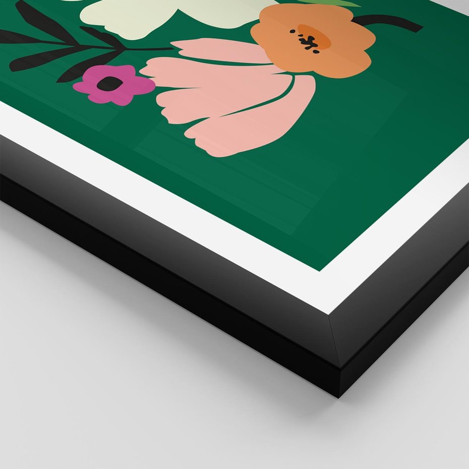 Plakat w ramie 30x40 - Rozbijające Echa - abstrakcyjne kwiaty, zielone tło - rama czarna