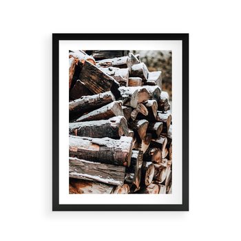 Plakat w ramie 30x40 - Zimowa Drewniana Idylla - drewno, kłody - rama czarna