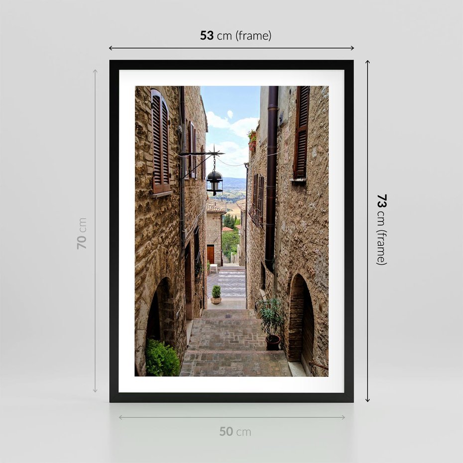 Plakat w ramie 50x70 - Perspektywa malowniczej uliczki - uliczka, perspektywa - rama czarna