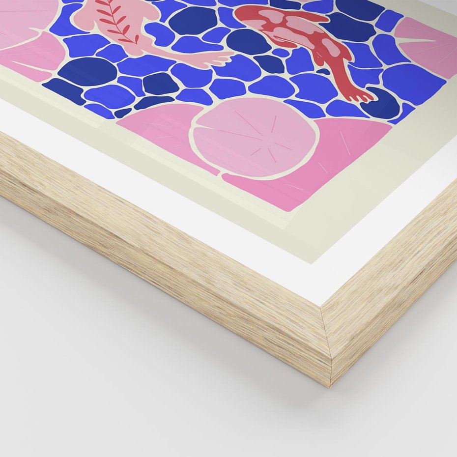 Plakat w ramie 40x50 - Rzeka Abstrakcji - abstrakcyjna kompozycja, różowe ryby wśród rafy - rama drewno