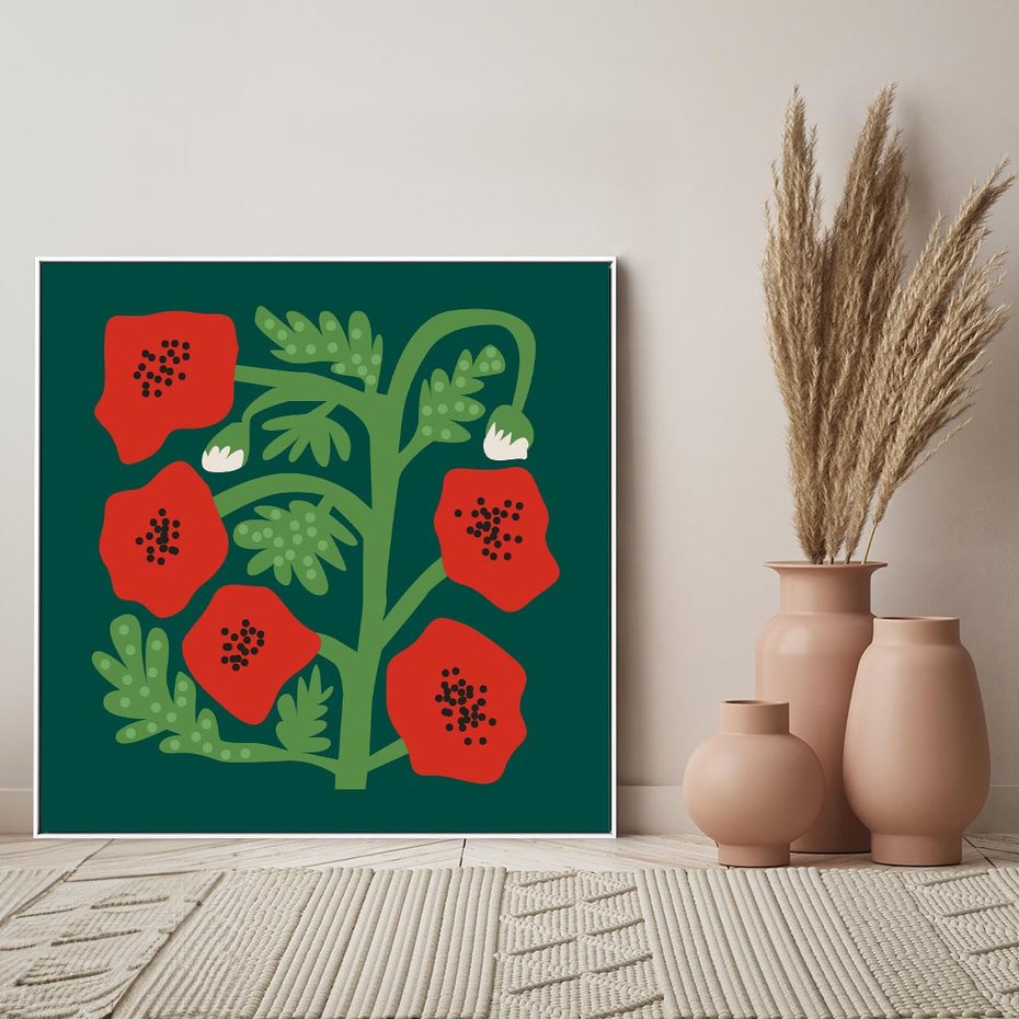 Obraz w ramie 50x50 - Księga Odbić - abstrakcyjna kwiatowa kompozycja, zielone mocne tło - rama biała