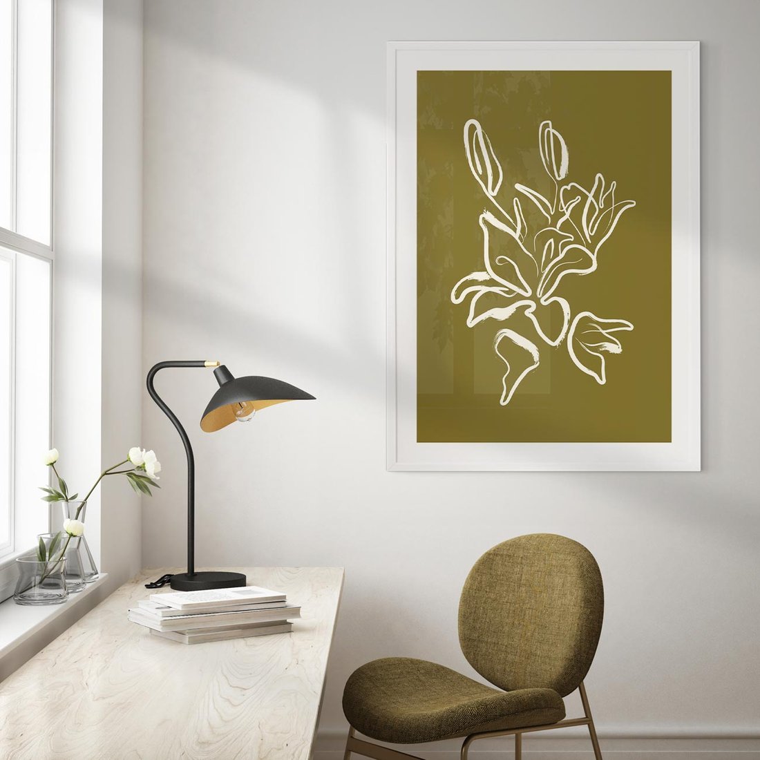 Plakat w ramie 30x40 - Przenikające Barwy - abstrakcyjna roślina, kwiaty - rama biała