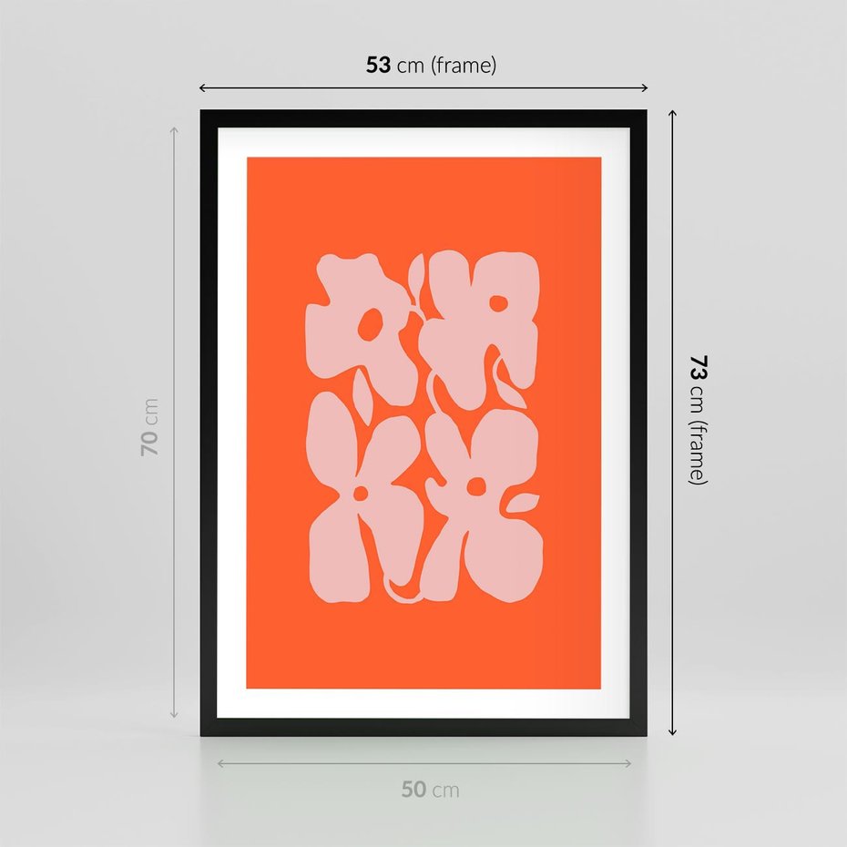 Plakat w ramie 50x70 - Taniec Abstrakcji - kwiaty, energetyczne pomarańczowe tłó - rama czarna