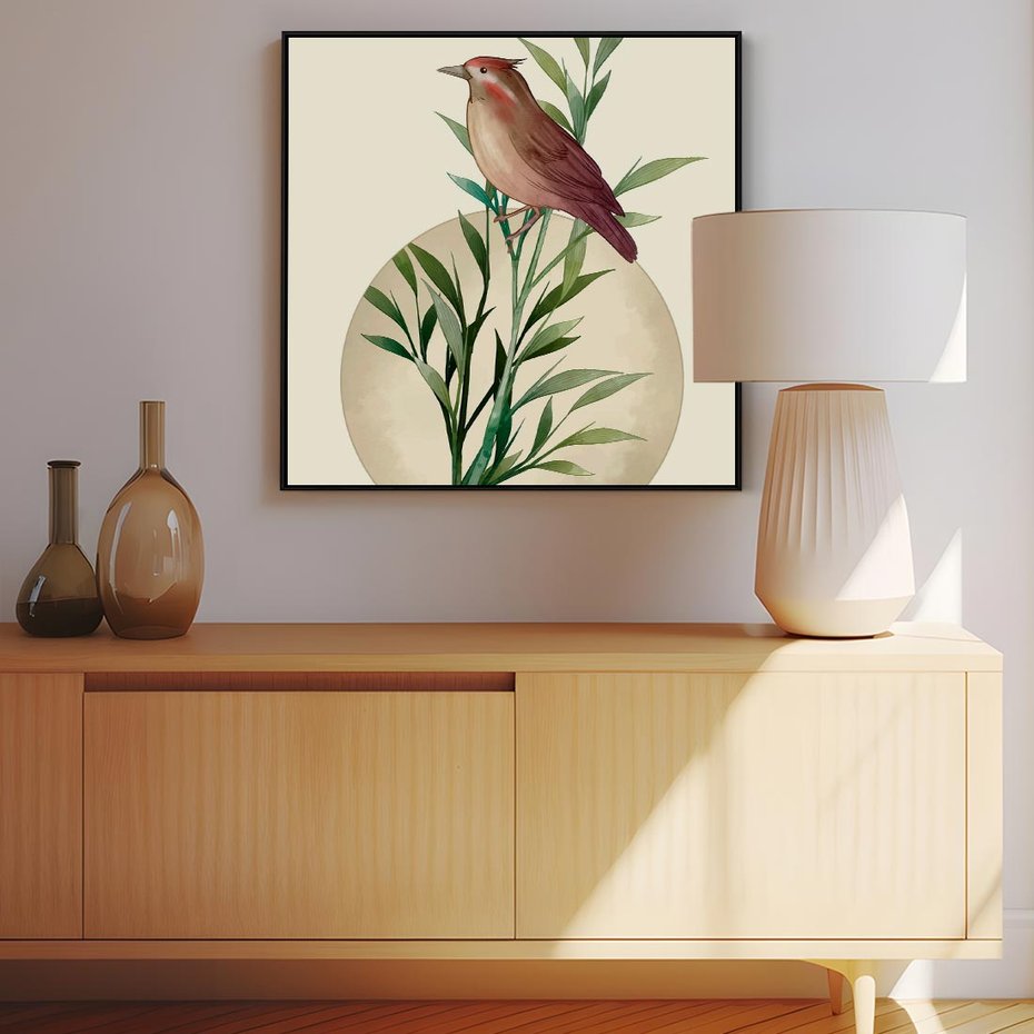 Obraz w ramie 50x50 - Rozkwitająca Delikatność - japońska sztuka, ptak - rama czarna