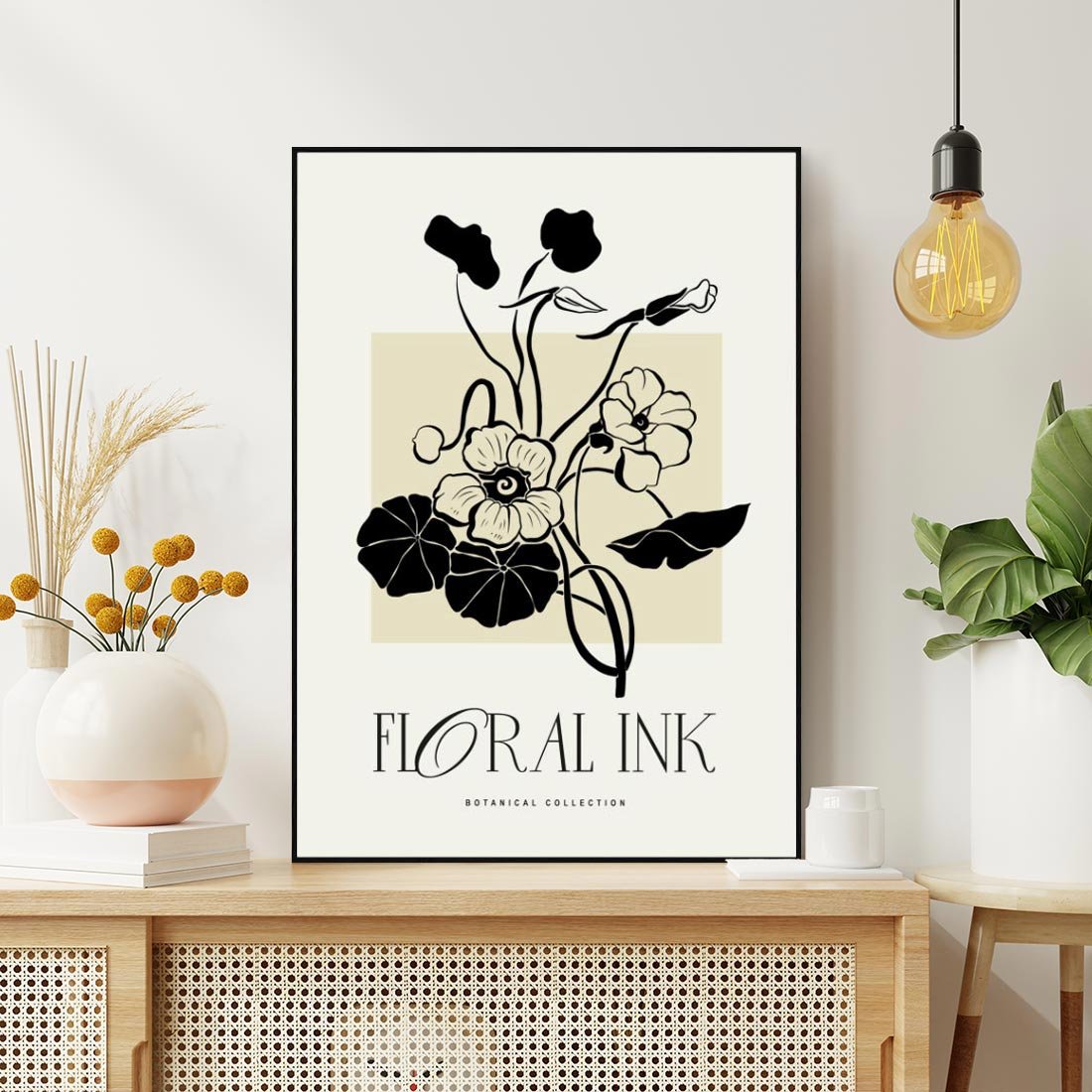 Obraz w ramie 50x70 - Podróż linii kwiatowego czasu - kwiaty, typografia - rama czarna
