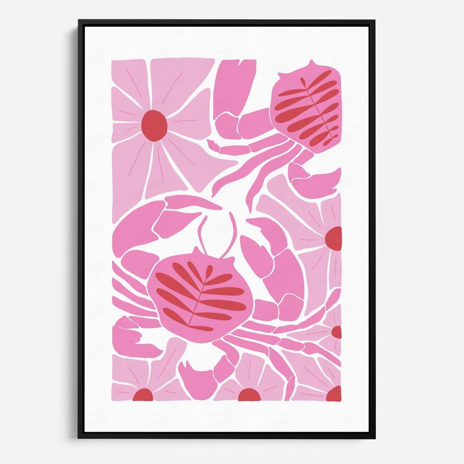 Obraz w ramie 50x70 - Roztańczone Kraby - różowe kwiaty i kraby, abstrakcyjna kompozycja - rama czarna