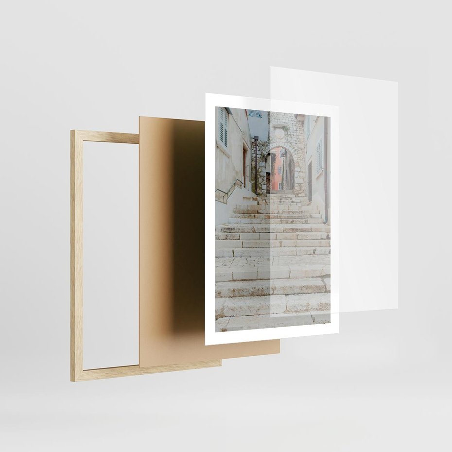 Plakat w ramie 50x70 - Schody we Włoskim Miasteczku - schody, śródziemnomorskie miasteczko - rama drewno