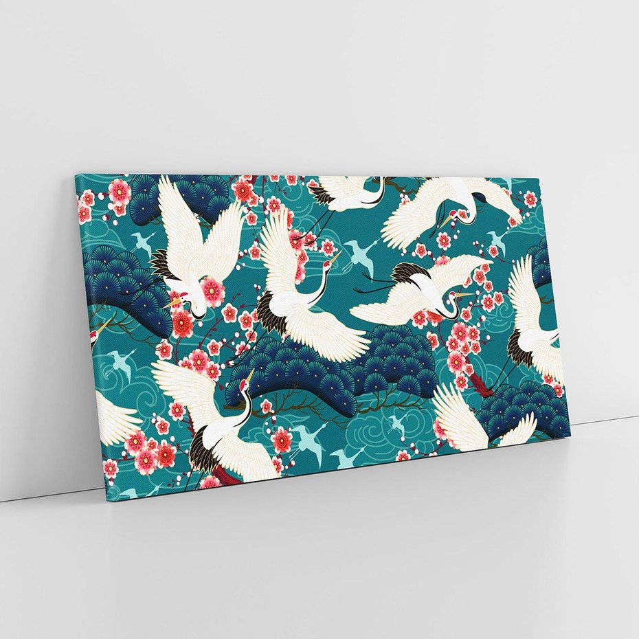 Obraz na płótnie 140x70 - Żurawie Wachlarze - orientalne japońskie żurawie, grafika