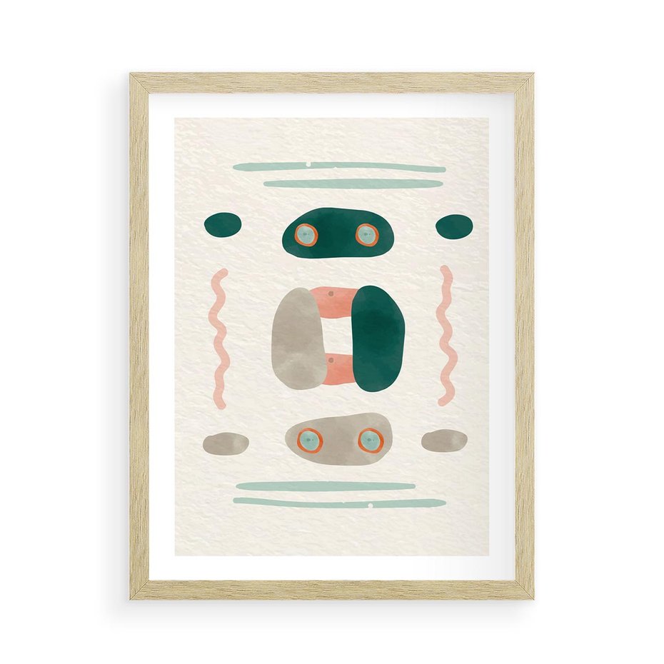 Plakat w ramie 50x70 - Tańczące Kształty Natury - przypadkowe abstrakcyjne wzory, pomarańczowy i zielony - rama drewno