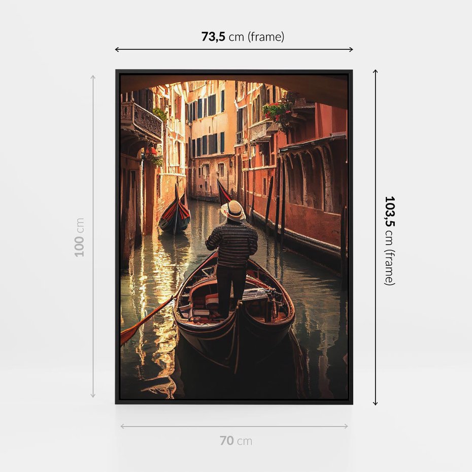 Obraz w ramie 70x100 - Spokojna Wenecja - gondolier w gondoli, kanały Wenecji - rama czarna