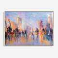 Obraz w ramie 70x50 - Miasto Refleksji - olejna panorama miasta w oddali, wiezowce odbijają się w rzece - rama drewno