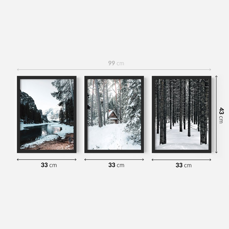 Zestaw obrazy w ramie 30x40 galeria - Las, domek, w, górach, zimą - rama czarna