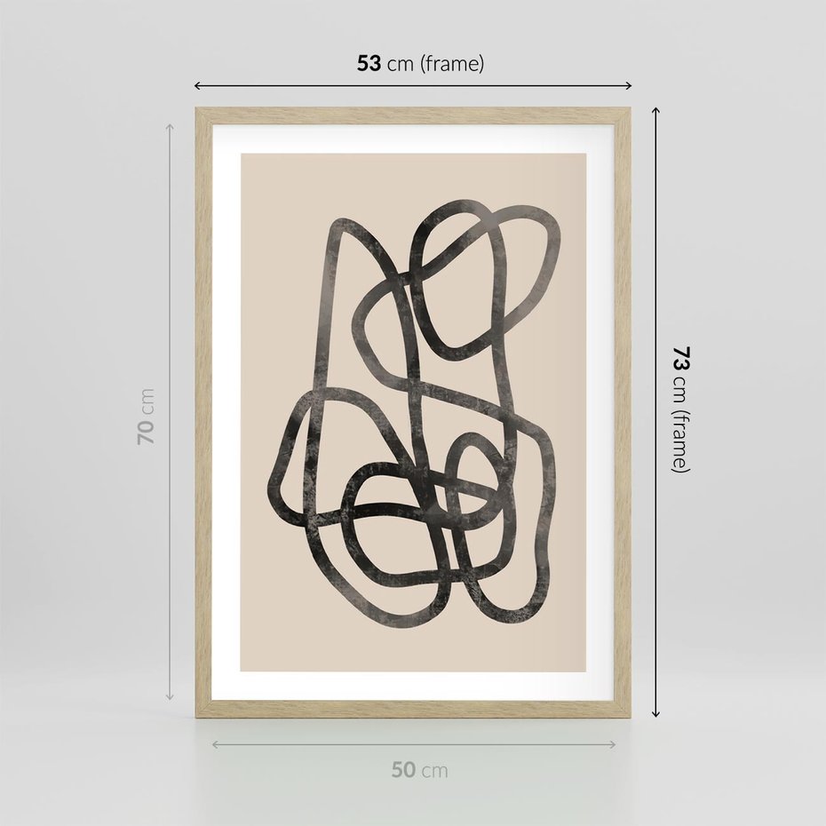 Plakat w ramie 50x70 - Przenikanie Wirtualnych Wymiarów - zaplątane minimalistyczne linie, na bezowym tle - rama drewno
