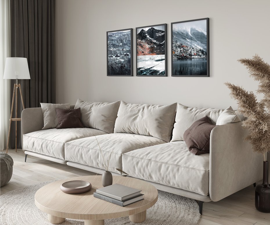 Zestaw obrazy w ramie 30x40 galeria - Norweskie, domki, góry, zima - rama czarna