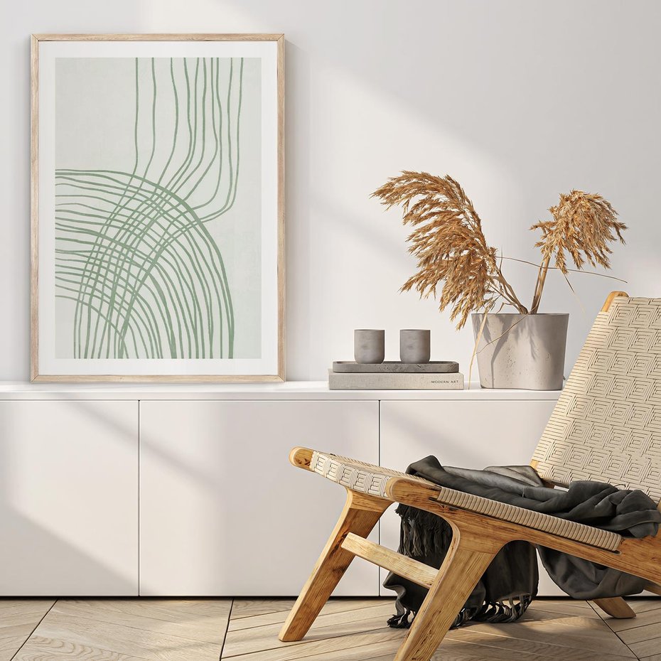 Plakat w ramie 30x40 - Migotliwa Spokojna Zieleń - zielony plakat, abstrakcyjne splątane linie - rama drewno