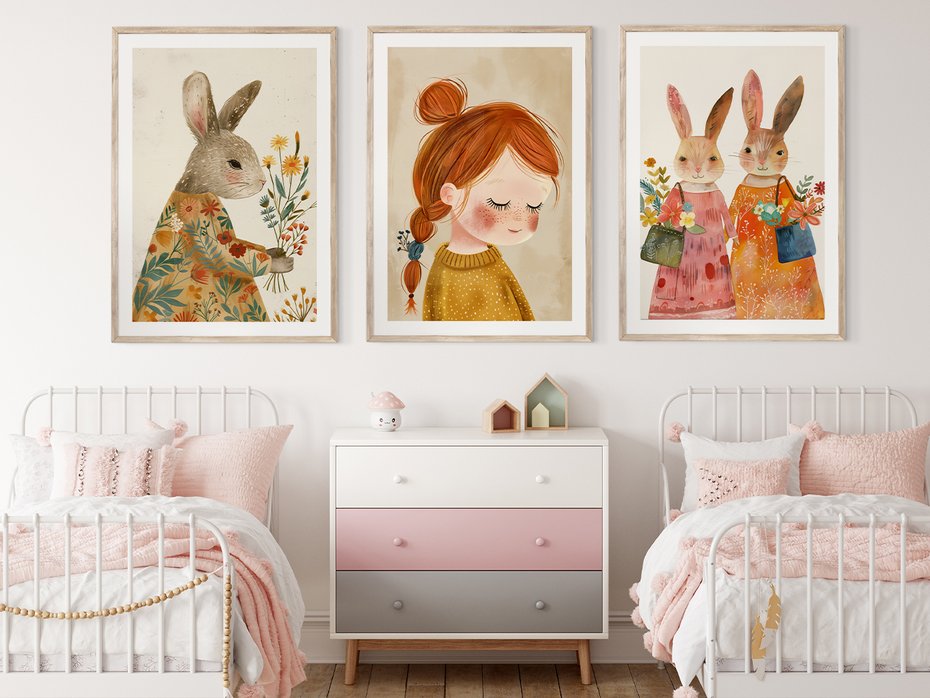 Zestaw obrazy w ramie 50x70 galeria - dla, dzieci, króliki, dziewczynka - rama drewno