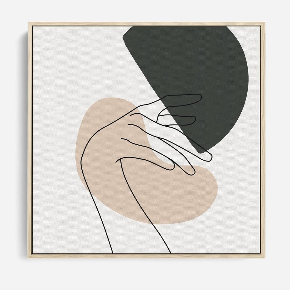 Obraz w ramie 50x50 - Przenikające Kształty - szkic jedną linią, one line - rama drewno