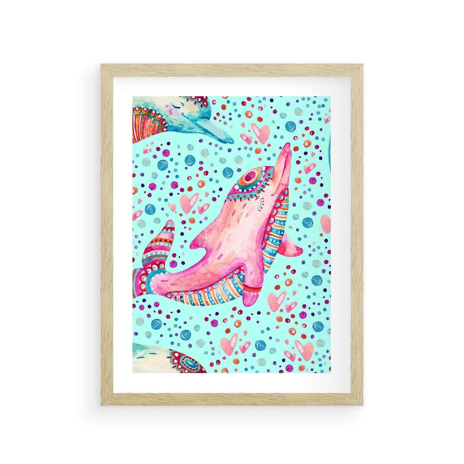 Plakat w ramie 30x40 - Lekkość W Ruchu - delfin, akwarela - rama drewno