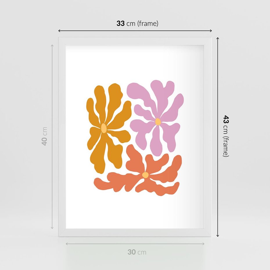 Plakat w ramie 30x40 - Rozbijające Refleksje - abstrakcyjne kolorowe kwiaty, minimlizm - rama biała