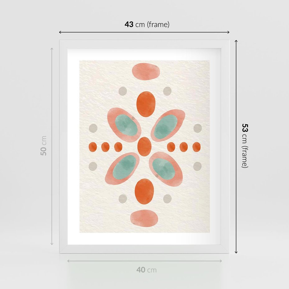 Plakat w ramie 40x50 - Symfonia Natury - abstrakcyjne plamy w odcieniach pomarańczowym, kropki plamki - rama biała