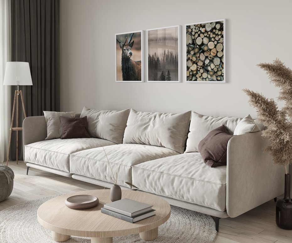 Zestaw obrazy w ramie 30x40 galeria - Jeleń, las, drzewa, boho, skandynawski - rama biała