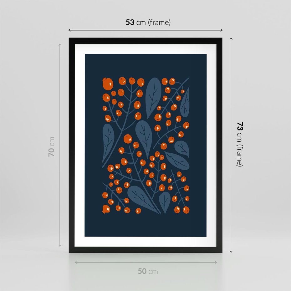 Plakat w ramie 50x70 - Symfonia liści i owoców - granatowe tło, pomarańczowe owoce jarzębiny - rama czarna