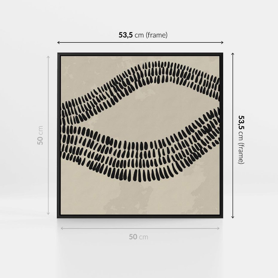 Obraz w ramie 50x50 - Kontury Ewolucji Materii - boho plakat, czarne kropki kreski - rama czarna