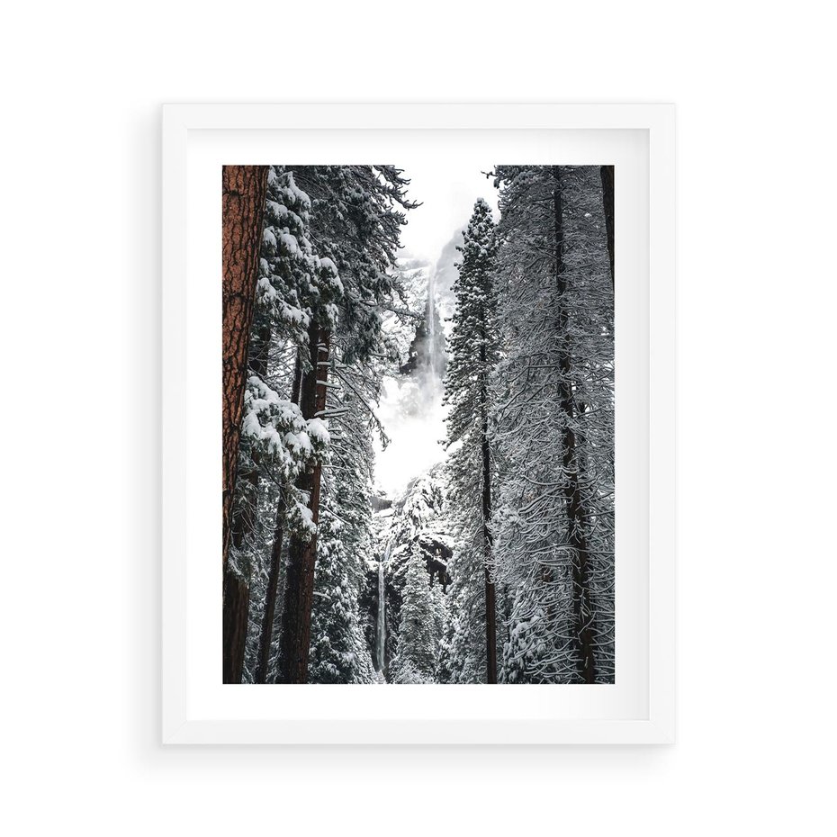 Plakat w ramie 40x50 - Cicha Magia Zimowego Lasu - zimowy las, ośnieżone drzewa - rama biała