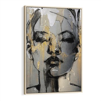 Obraz w ramie 50x70 - Kobieta - Abstrakcyjne Malowidło - złote, usta abstrakcja - rama drewno