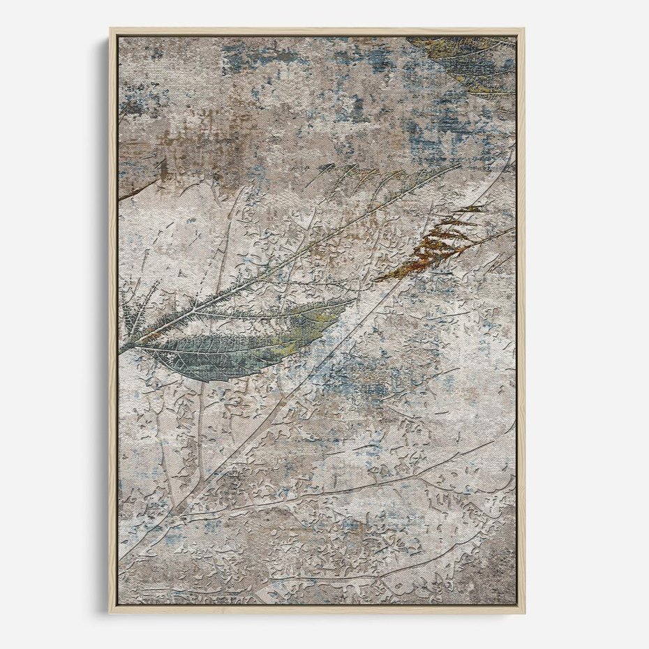 Obraz w ramie 70x100 - Betonowe Wspomnienia Liści - odciski w betonie, odbitki - rama drewno