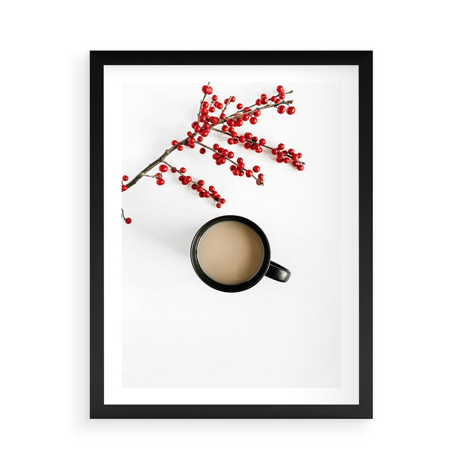 Plakat w ramie 50x70 - Filiżanka Kawy z Gałązką Jarzębiny - kawa, gałązka jarzębiny - rama czarna