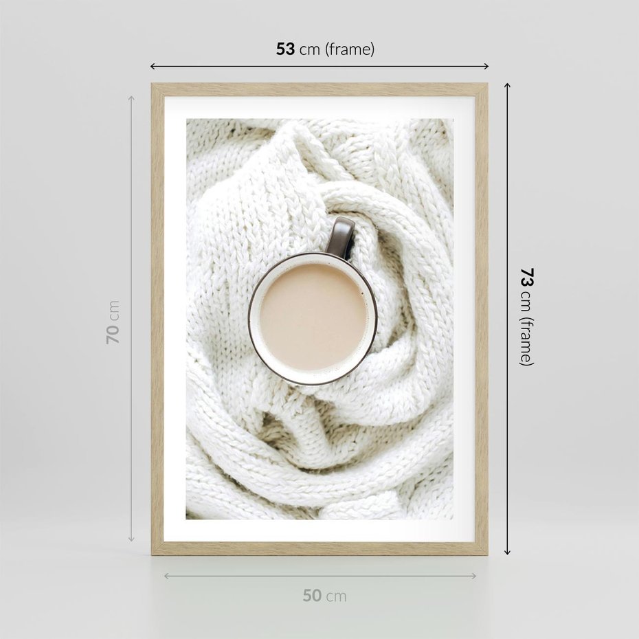 Plakat w ramie 50x70 - Kawa na Wełnianym Kocu - kawa, biały wełniany koc - rama drewno