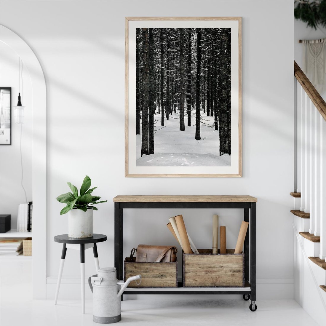 Plakat w ramie 40x50 - Zimowe Drzewa: Śnieg na Pniach - drzew w zimi, pnie drzew - rama drewno