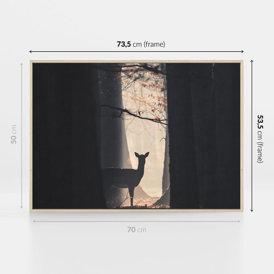 Obraz w ramie 70x50 - Sarnie Skoki - zdjęcie, klimatyczny las - rama drewno