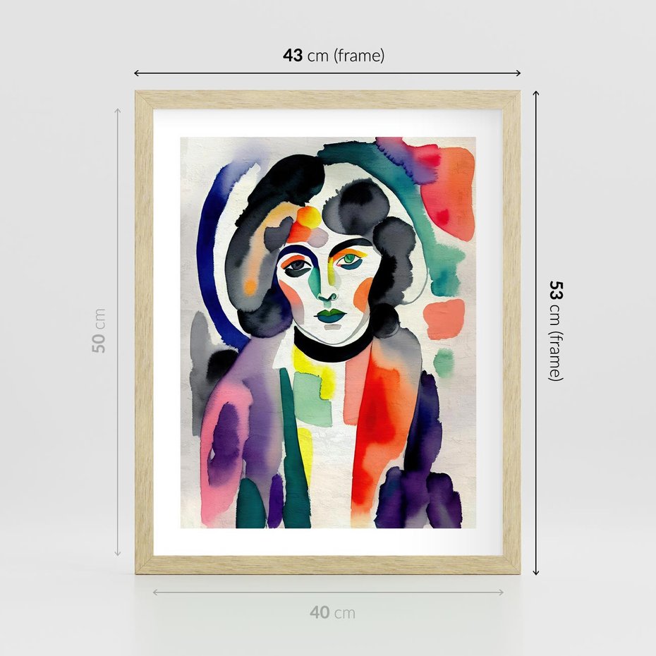 Plakat w ramie 40x50 - Subtelne Akwarelowe Ulotności - abstrakcyjny akwarelowy portret kobiety, rozmyte farby - rama drewno