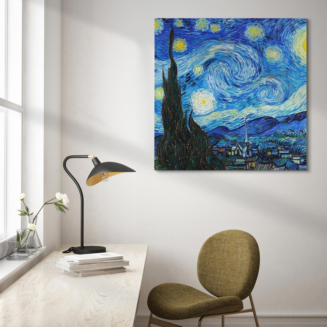 Obraz na płótnie 50x50 - "Gwiaździsta noc" (1889) Vincent van Gogh - Reprodukcja - reprodukcja, obraz na płótnie