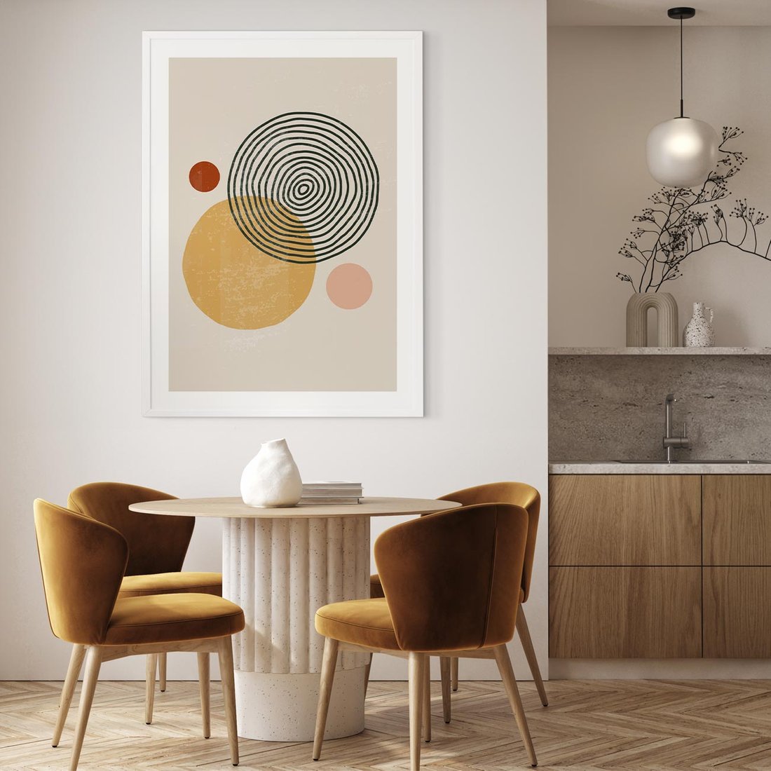 Plakat w ramie 50x70 - Boho Światło - abstrakcyjna sztuka, boho kształty - rama biała