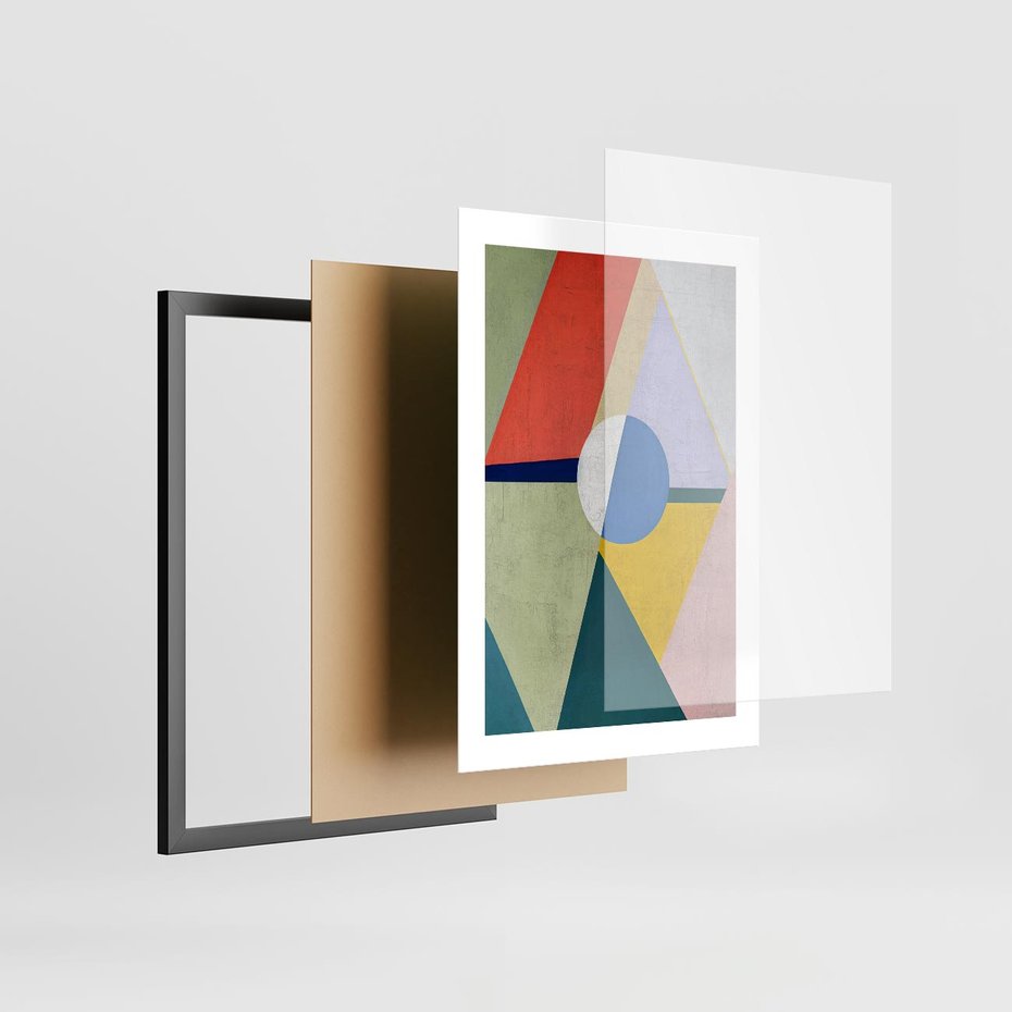 Plakat w ramie 30x40 - Taniec Subtelnych Odbić - abstrakcyjne geometryczne kształty, olejny obraz - rama czarna