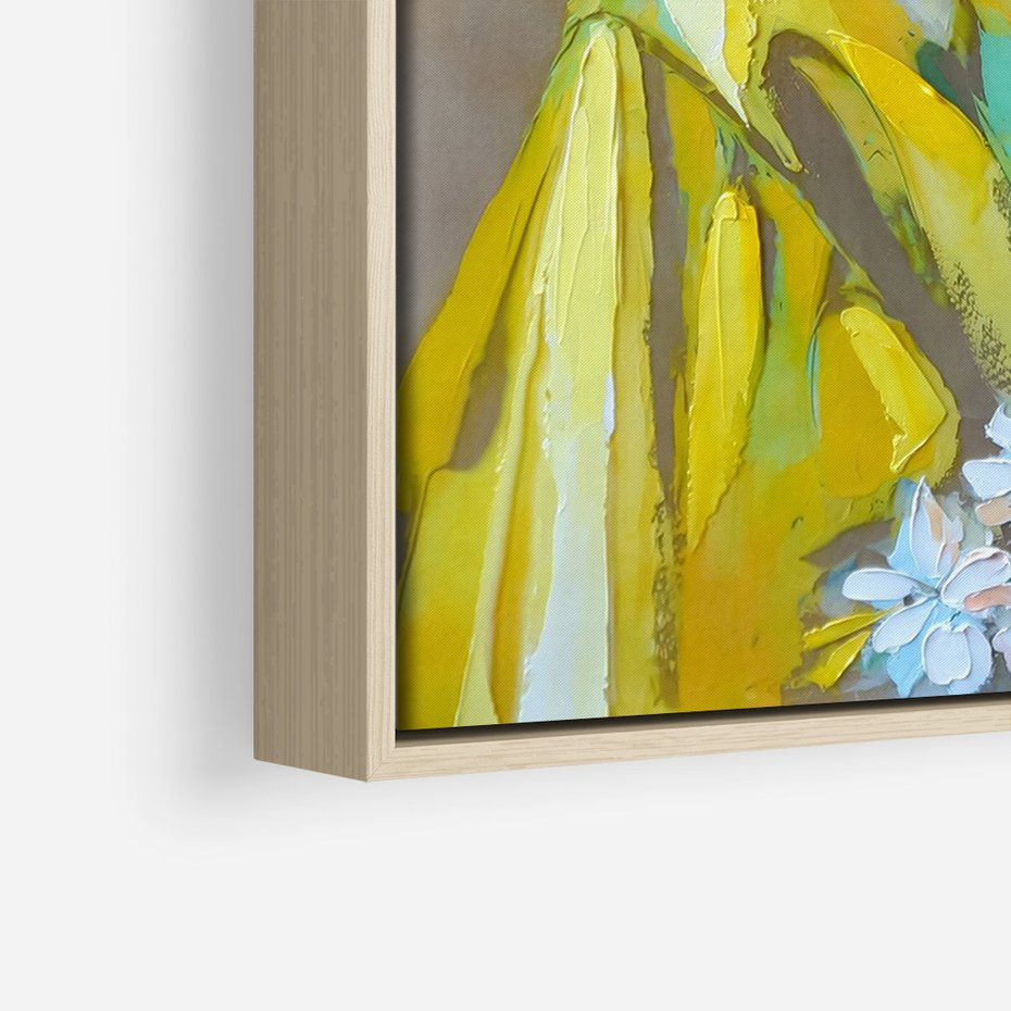 Obraz w ramie 80x120 - W Żółtej Sukience - olejny abstrakcyjny obraz, portret kobiety w żółtej sukience - rama drewno