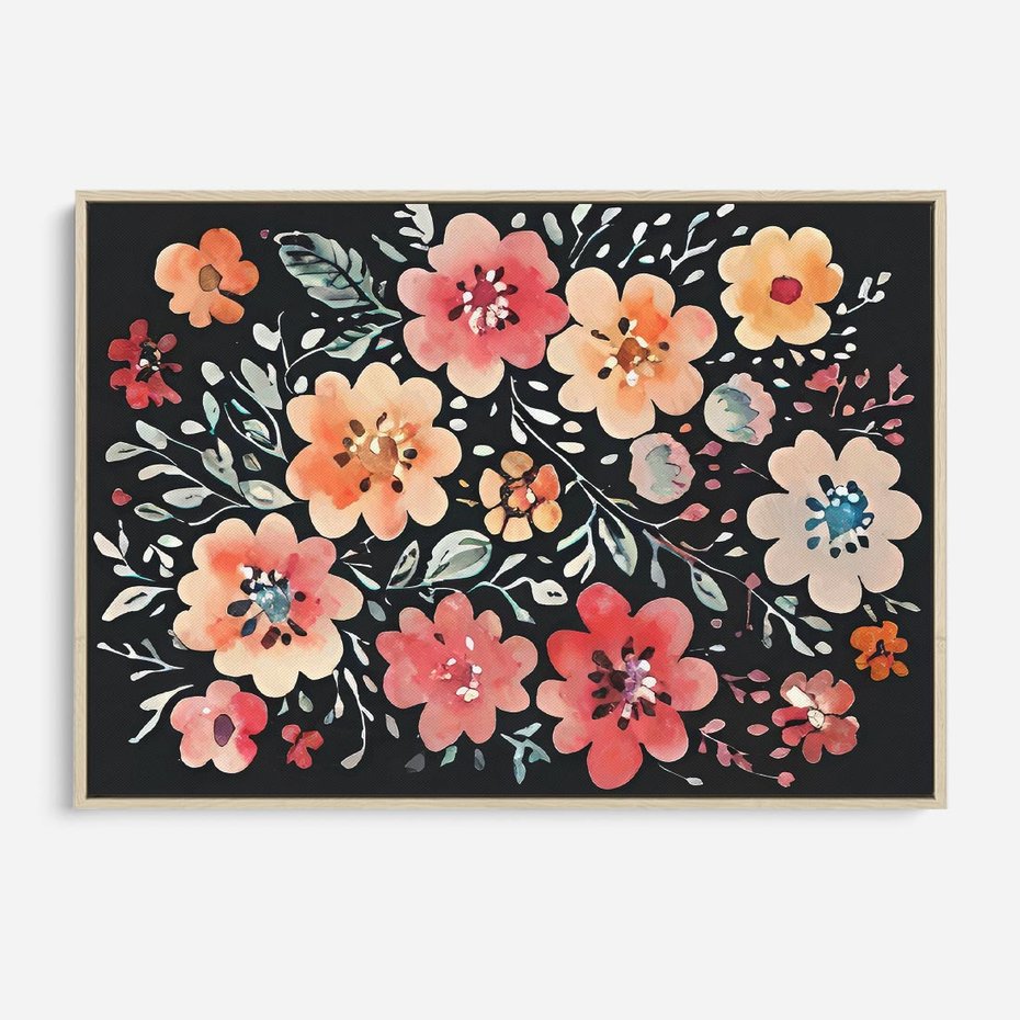 Obraz w ramie 70x50 - Labirynty melancholii - akwarelowe, pastelowe kwiaty na czarnym tle - rama drewno